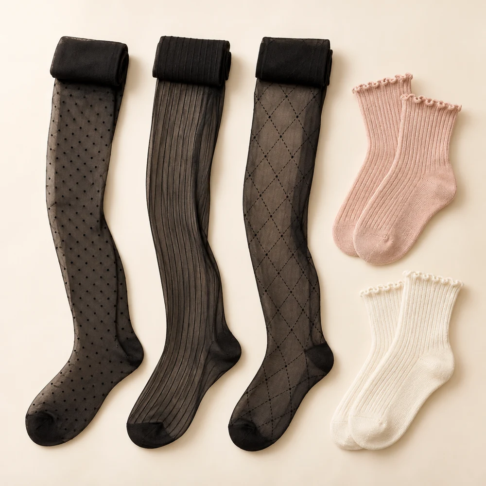 Ribbon & Dot Hosiery Set — Black / Blush / Cream